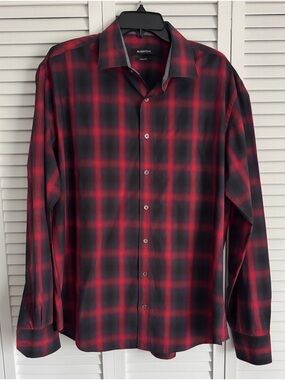 Bugatchi Men’s Red and Black Plaid Button-Up Shirt Size XL